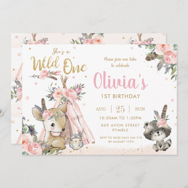 Woodland Animals Boho Tribal Wild One 1st Birthday Invitation (Front/Back)