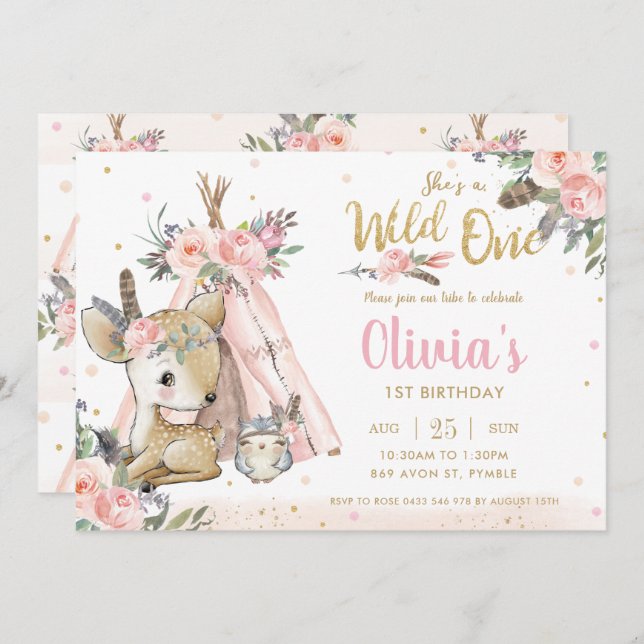 Woodland Animals Boho Tribal Wild One 1st Birthday Invitation (Front/Back)