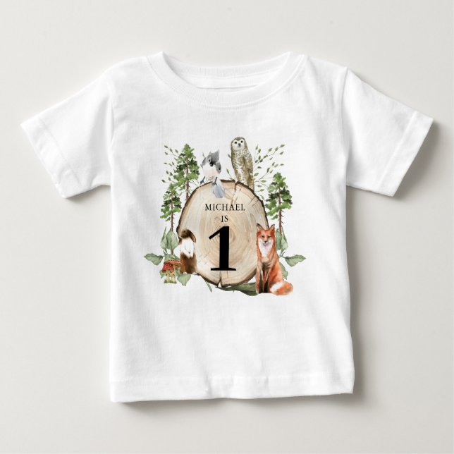Woodland Animals Boy 1st Birthday T-Shirt (Front)