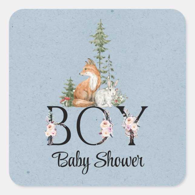 Woodland Animals Boy Baby Shower Square Sticker (Front)