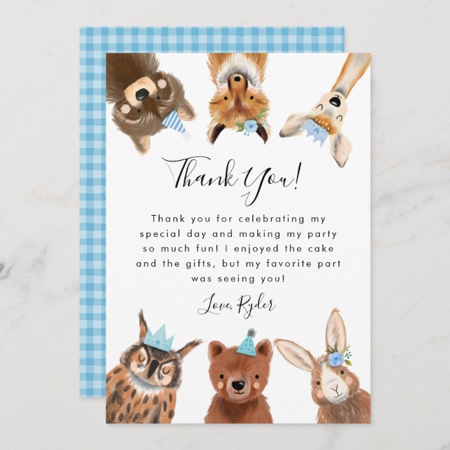 Woodland Animals Boy Birthday Party  Thank You Card (Front/Back)