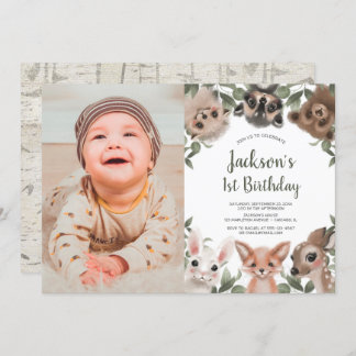 Woodland animals boys 1st birthday photo invitation