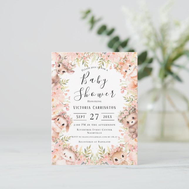 Woodland Animals Budget Baby Shower Postcard (Standing Front)
