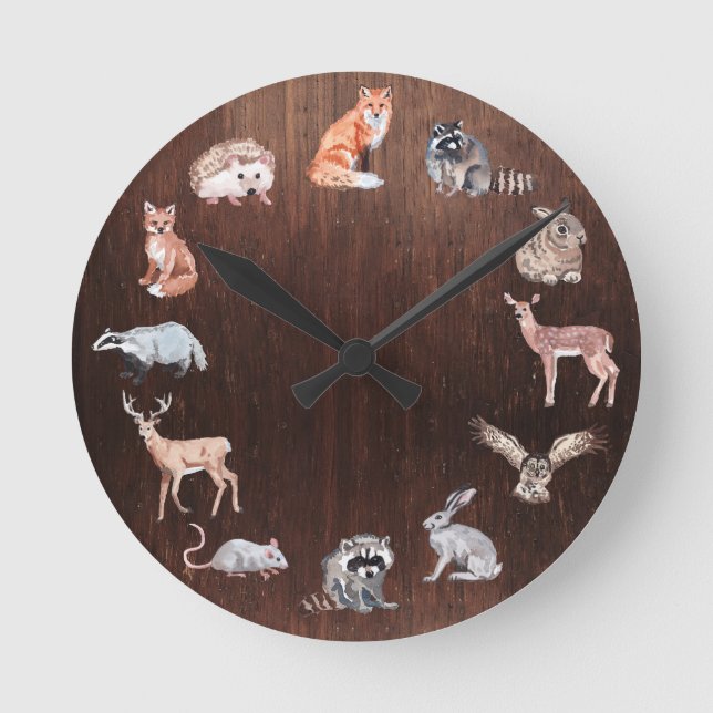 Woodland Animals Children's Room Deer Fox Rabbit Round Clock (Front)