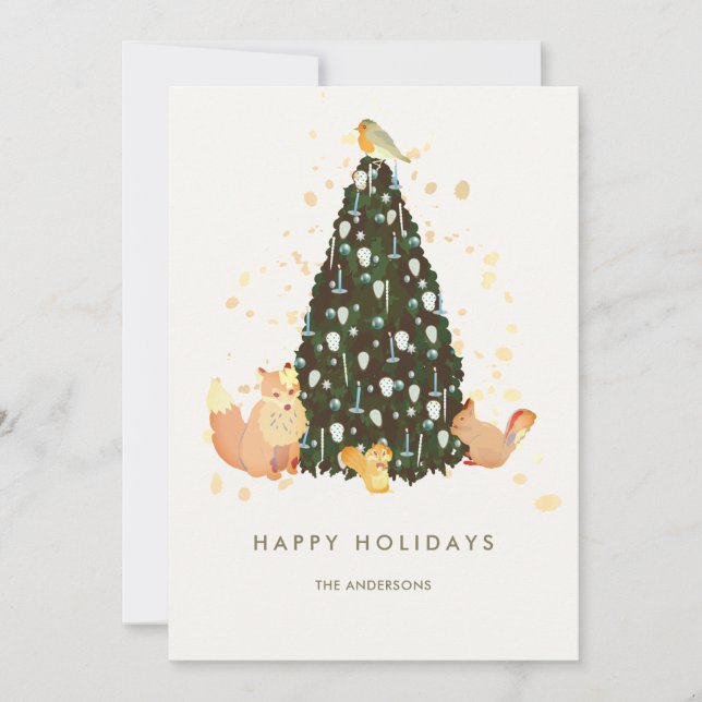 Woodland Animals Christmas Tree White Holiday Card (Front)