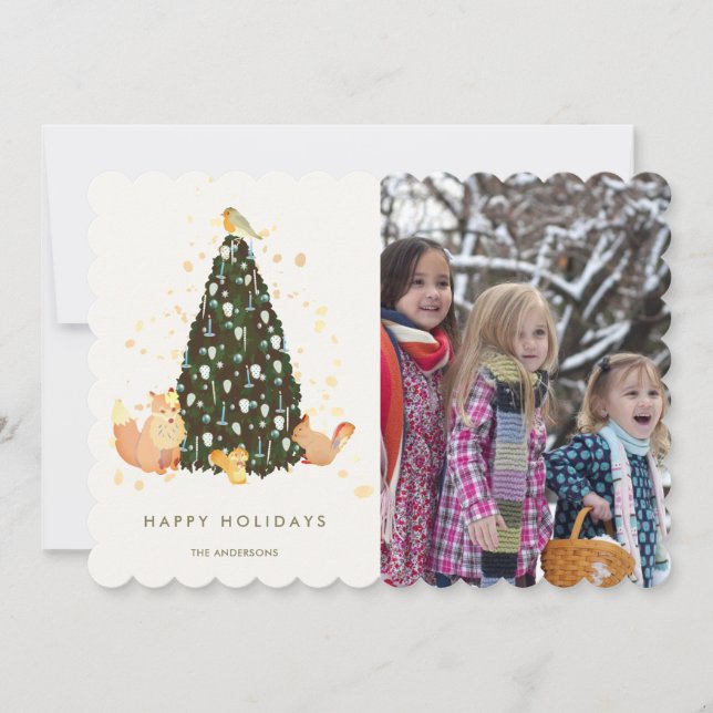 Woodland Animals Christmas Tree White Photo Card (Front)