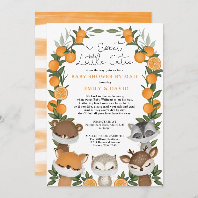 Woodland Animals Citrus Orange Baby Shower By Mail Invitation (Front/Back)