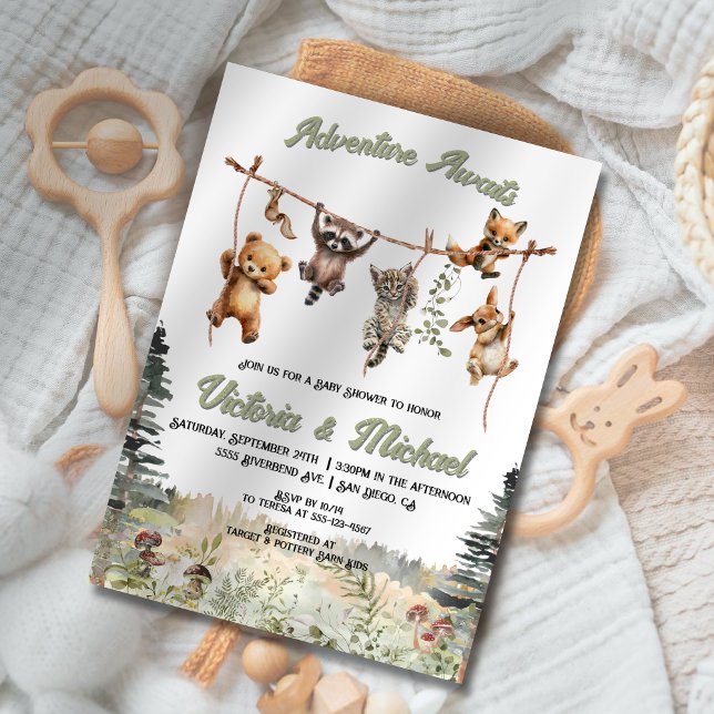 Woodland Animals Clothesline Forest Baby Shower Invitation (Creator Uploaded)