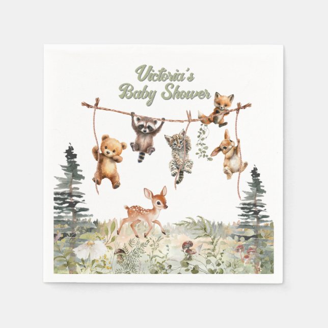 Woodland Animals Clothesline Forest Baby Shower Napkin (Front)