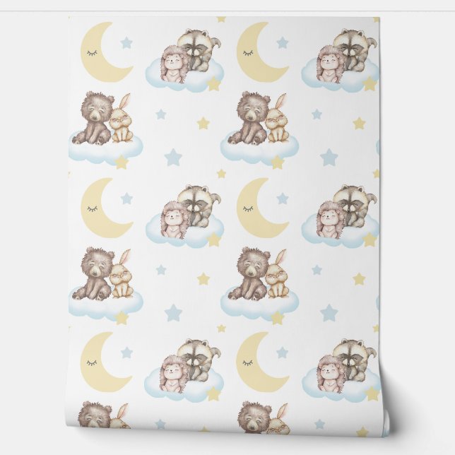 Woodland Animals Clouds Stars Moon Baby Nursery Wallpaper (Unrolling)