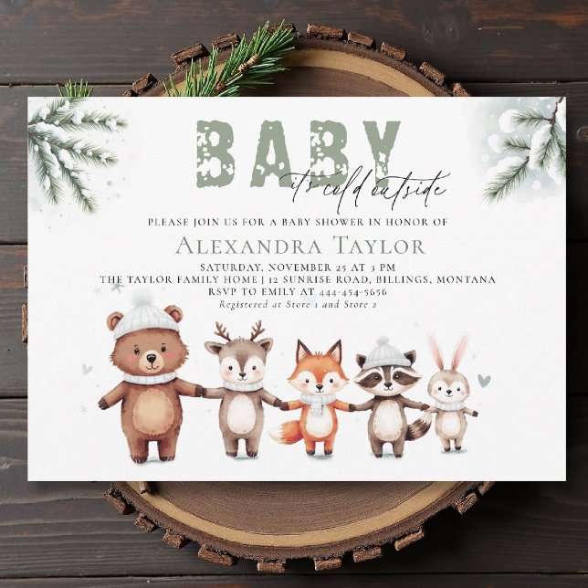 Woodland Animals Cold Outside Winter Baby Shower Invitation (winter baby shower invitation cold outside cute woodland animals watercolor snow pine watercolor)