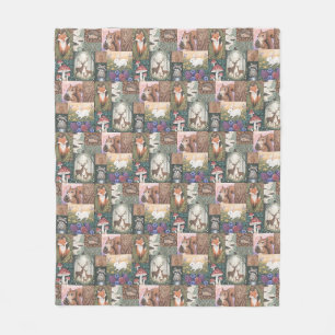 Woodland Animals Cottagecore Patchwork Pattern Fleece Blanket