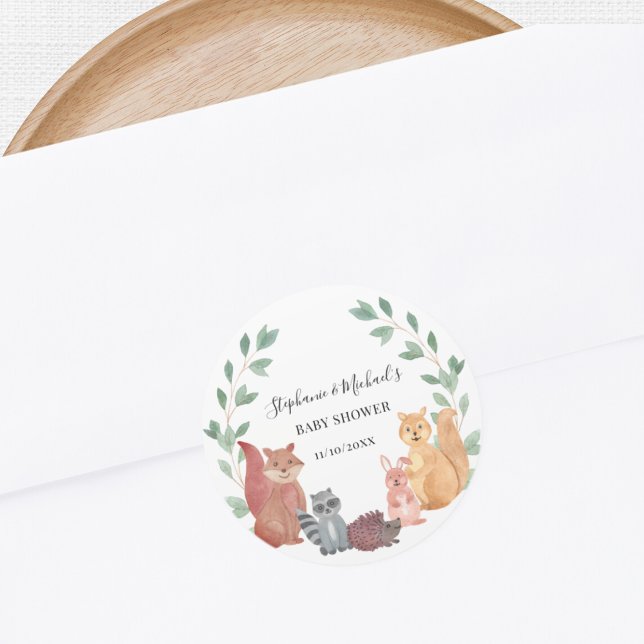 Woodland Animals Couple's Baby Shower  Classic Round Sticker (Creator Uploaded)