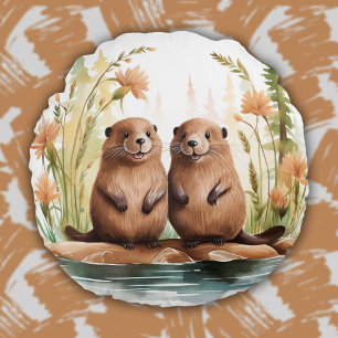 Woodland Animals Cute Beavers Baby Kids Room Round Cushion