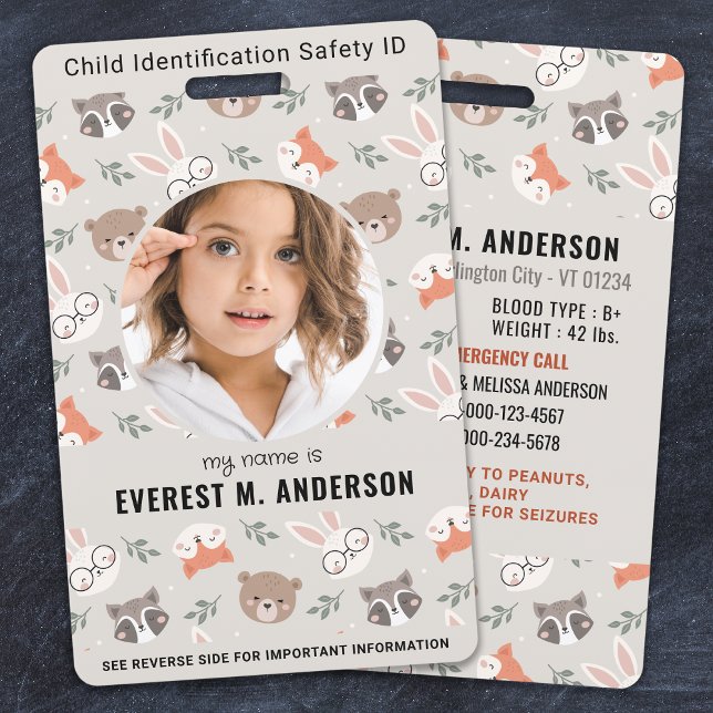 Woodland Animals Cute Custom Modern Photo Child ID Badge (Creator Uploaded)
