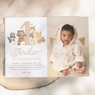 Woodland Animals Cute First Birthday Party Photo Invitation