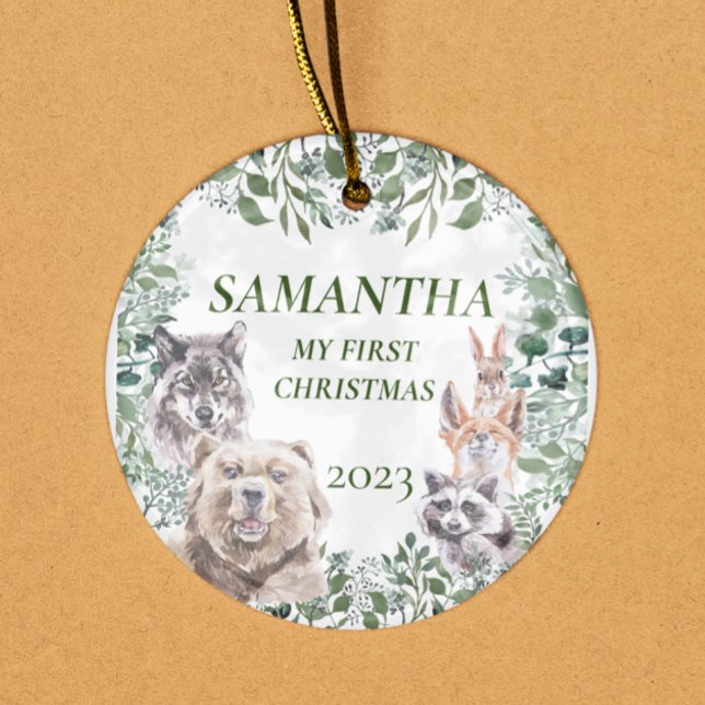 Woodland Animals Cute First Christmas Baby Ceramic Ornament (Creator Uploaded)