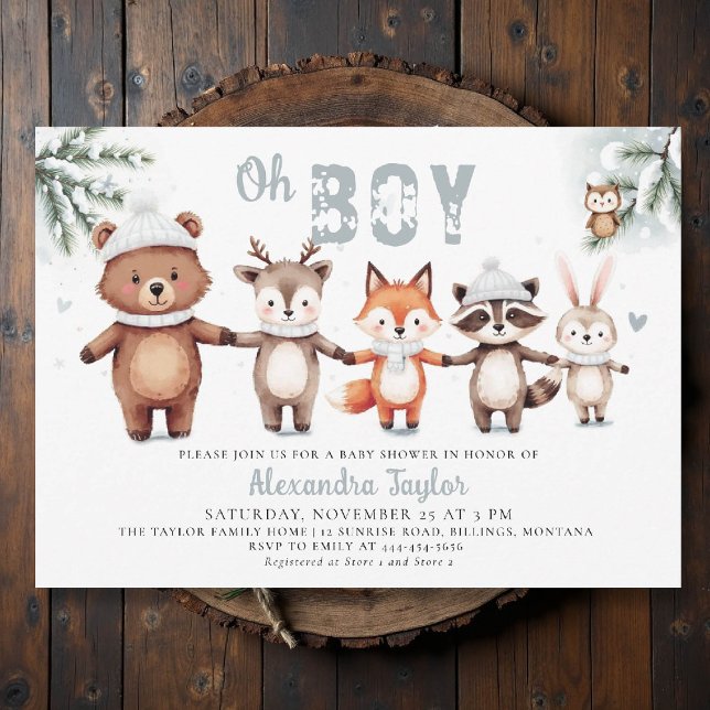 Woodland Animals Cute Winter Oh Boy Baby Shower Invitation (winter baby shower invitation oh boy cute woodland animals watercolor snow cold pine watercolor)