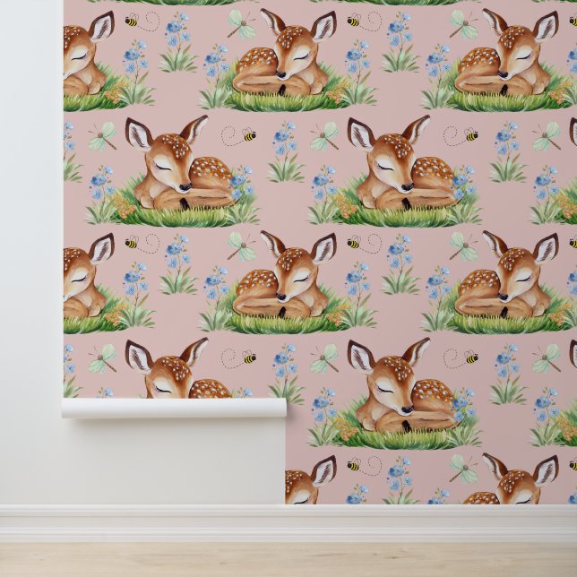Woodland Animals Deer Fawn Baby Girl Nursery  Wallpaper (Application)