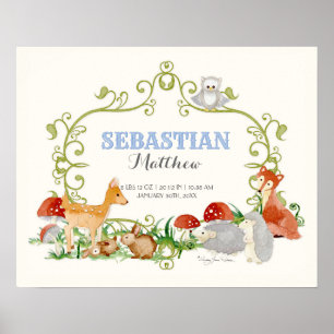 Woodland Animals Deer Fox Boy Newborn Birth Stats Poster