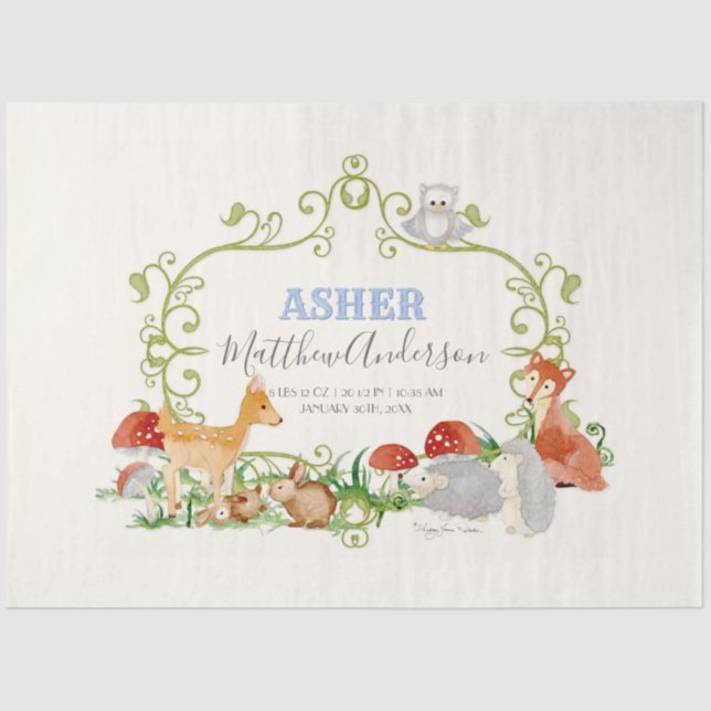 Woodland Animals Deer Fox Hedgehog Birth Stats Tissue Paper (Front)