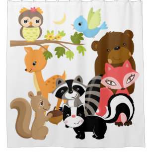 Woodland Animals Deer Fox Racoon Bear Owl Shower Curtain