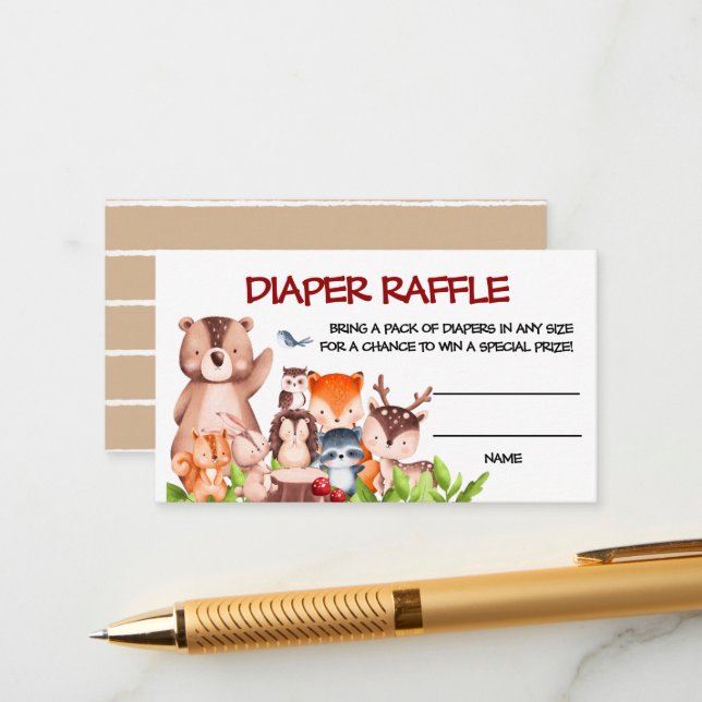 Woodland Animals Diaper Raffle Enclosure Card (Front/Back In Situ)