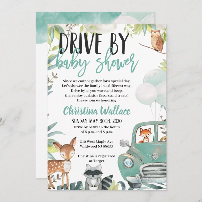 Woodland Animals Drive By Baby Shower Invitations (Front/Back)