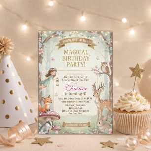 Woodland Animals Fairy 4th Birthday Party Invitation