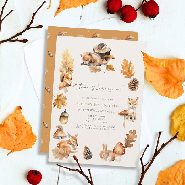 Woodland Animals Fall/Autumn Mushroom 1st Birthday Invitation (Creator Uploaded)