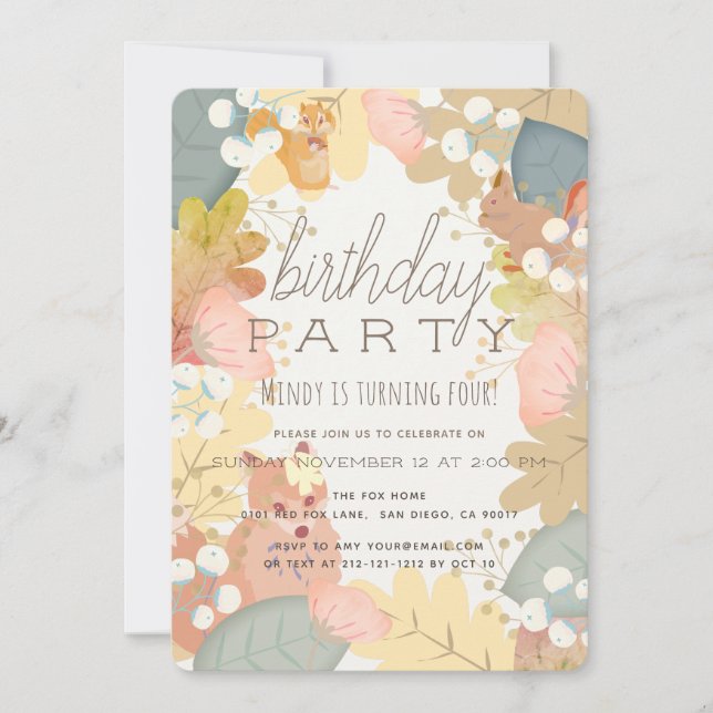 Woodland Animals Fall Foliage Birthday Invitation (Front)