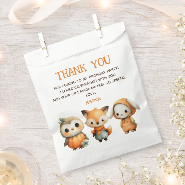 Woodland Animals Fall Kids' Birthday Thank You Favour Bag (Clipped)