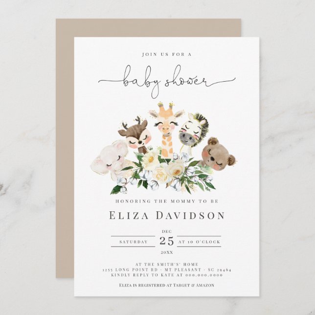  Woodland Animals Faux Gold Modern Baby Shower Invitation (Front/Back)