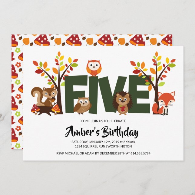 Woodland Animal's Fifth Birthday Party Invitation (Front/Back)