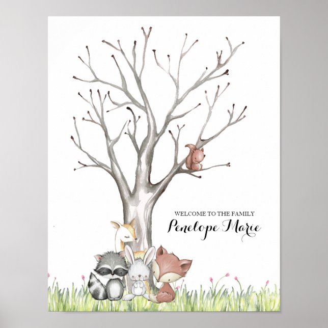 Woodland Animals Fingerprint Baby Shower Poster (Front)