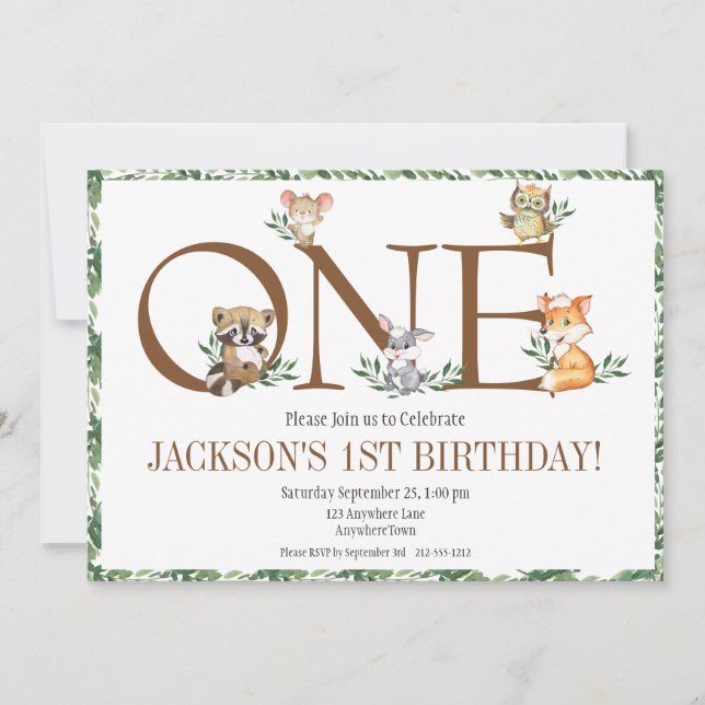 Woodland Animals First Birthday Greenery Invitation (Front)