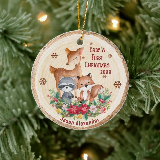 Woodland Animals First Christmas Personalised  Ceramic Ornament (Tree)