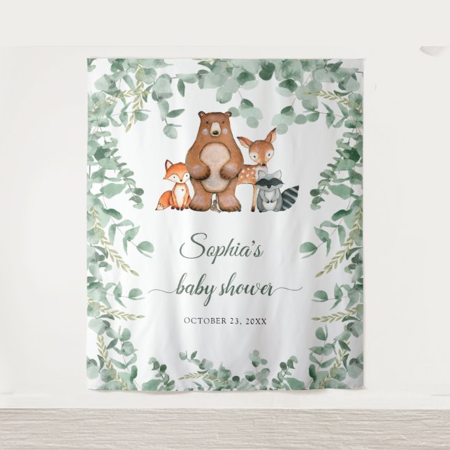 Woodland Animals Floral Baby Shower Tapestry (Front)