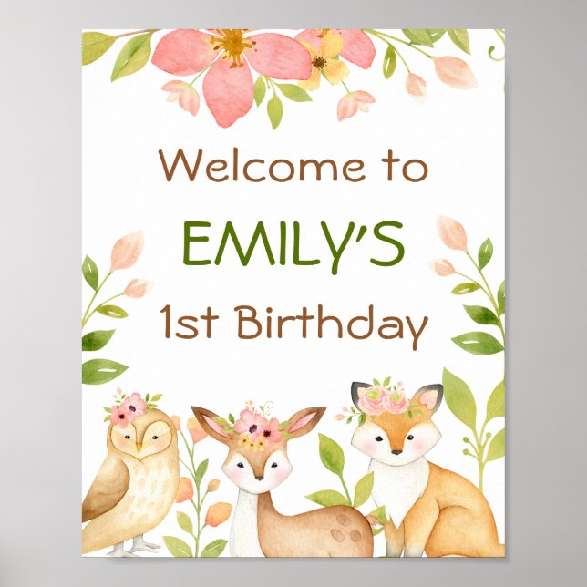 Woodland Animals Floral First Birthday Welcome Poster (Front)