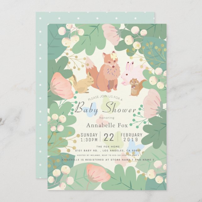 Woodland Animals Floral Foliage Baby Shower Invitation (Front/Back)