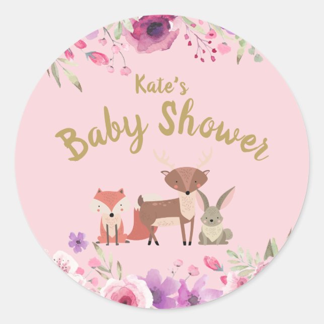 Woodland Animals Floral Pink Baby Shower Classic Round Sticker (Front)