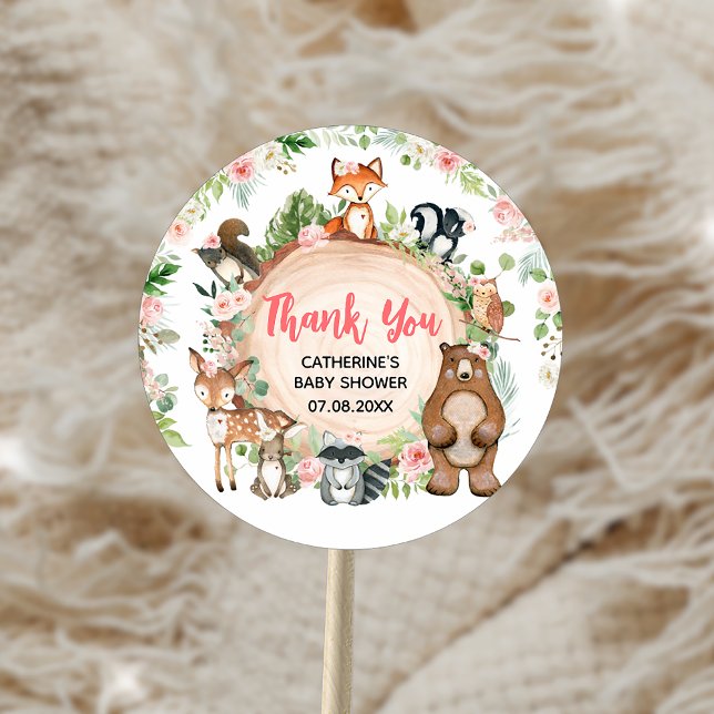 Woodland Animals Floral Wood Slice Baby Shower Classic Round Sticker (Woodland Animals Floral Wood Slice Baby Shower Sticker)