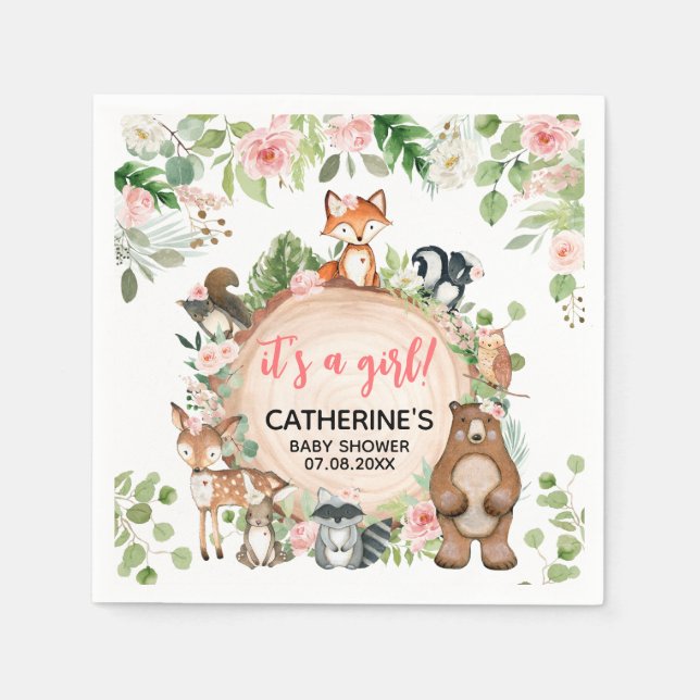 Woodland Animals Floral Wood Slice Baby Shower Napkin (Front)