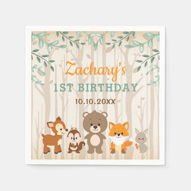 Woodland Animals Forest 1st Birthday Baby Shower Napkin (Front)