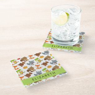 Woodland Animals, Forest Animals, Your Name Glass Coaster