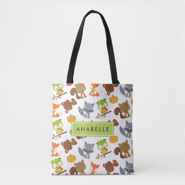 Woodland Animals, Forest Animals, Your Name Tote Bag (Front)