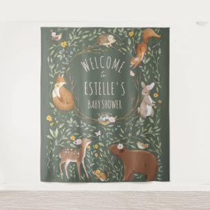 Woodland Animals Forest Baby Shower Welcome Sign Tapestry
