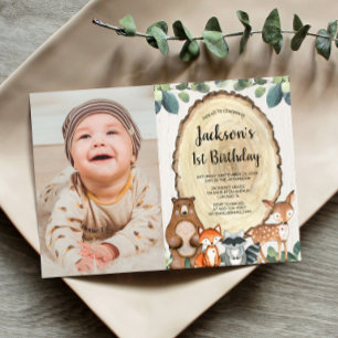 Woodland animals forest boy 1st birthday photo invitation