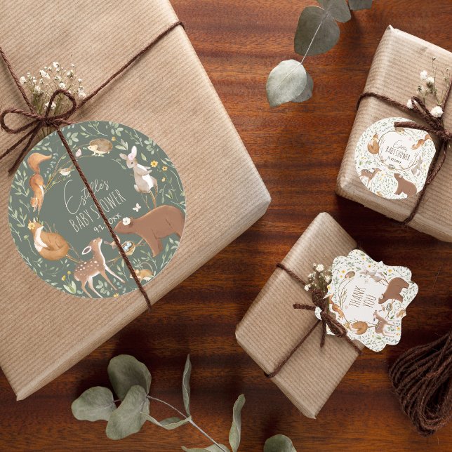 Woodland Animals Forest Friends Baby Shower Classic Round Sticker (Creator Uploaded)