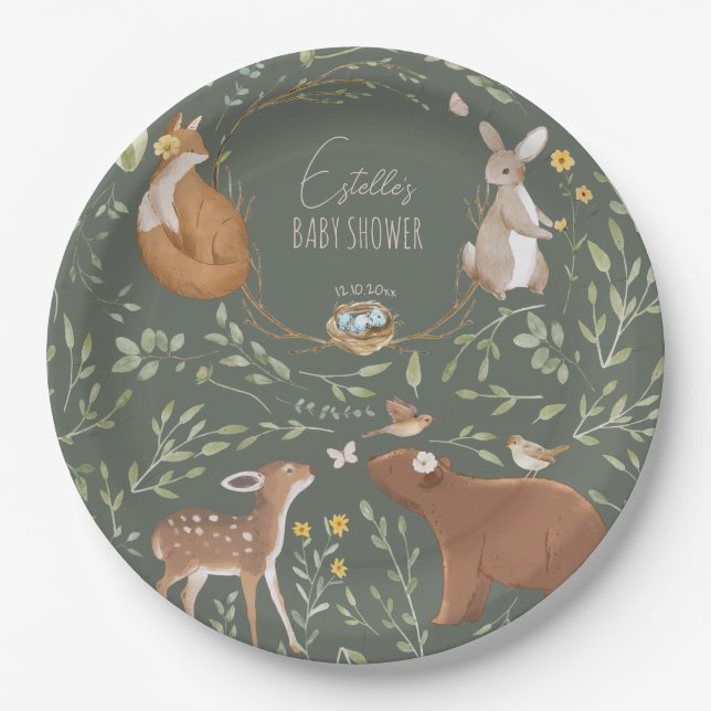 Woodland Animals Forest Friends Baby Shower Paper Plate (Front)